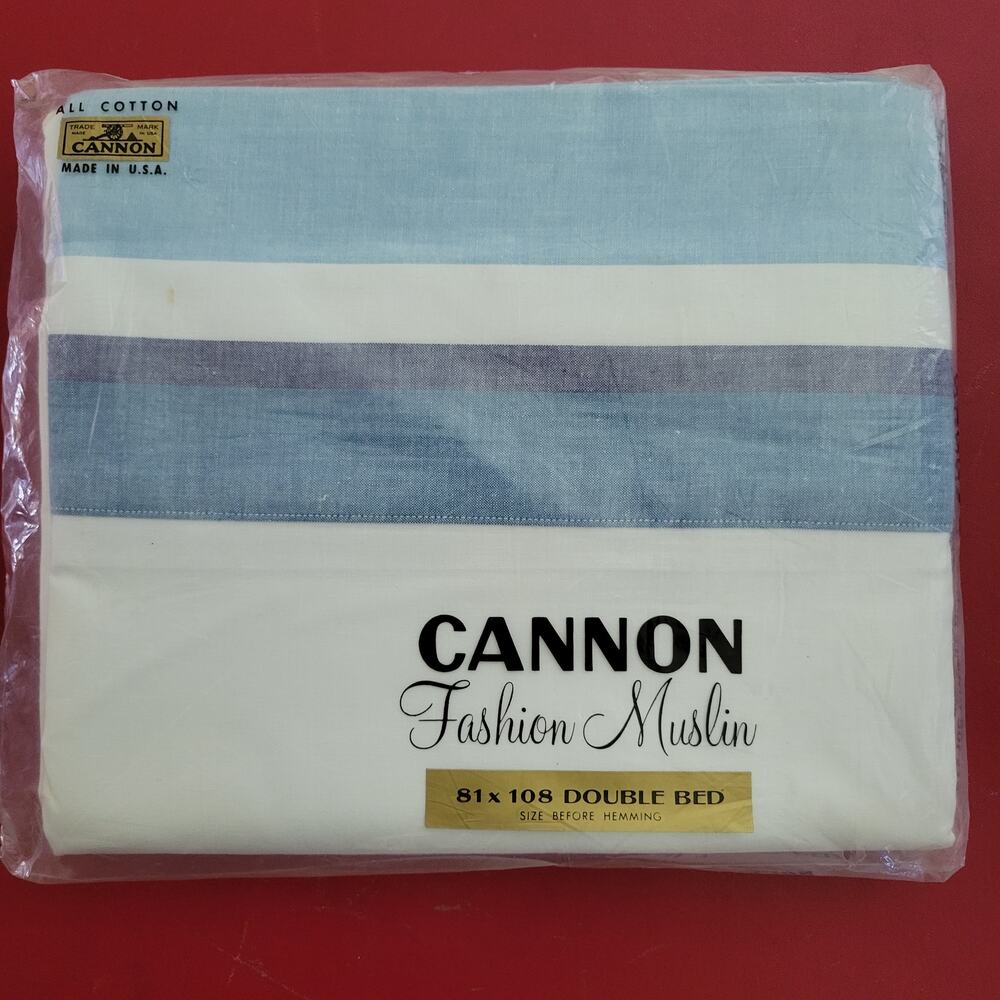 Cannon Fashion Muslin Double Bed Flat Sheet Blue Stripe 81 x 108 NEW USA 1970s